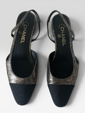 CHANEL Gold & Black Suede and Black Grosgrain Cap Toe Slingback Flats Size 39